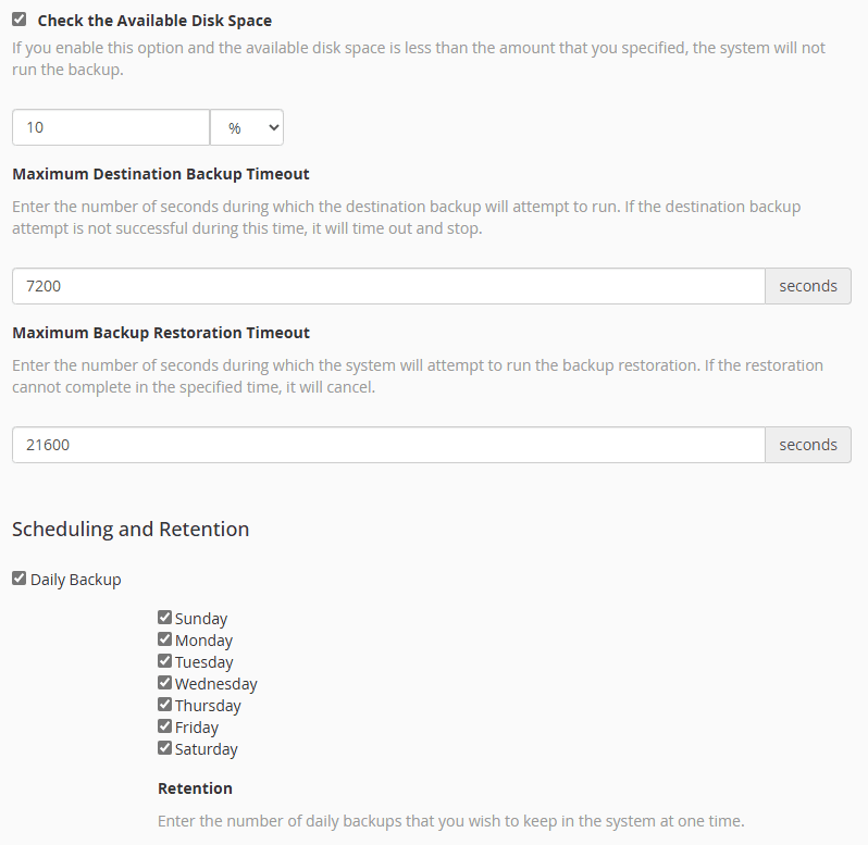 WHM Backup Configuration - Timeouts and Retention Policy