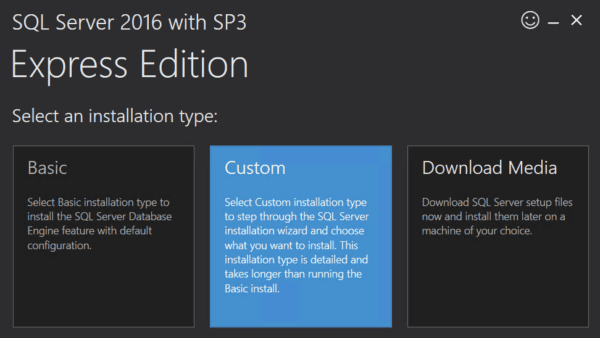 Window showing SQL Server 2016 express edition Installation types with "Custom" installation selected