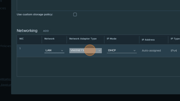 dashboard new VM network adapter type